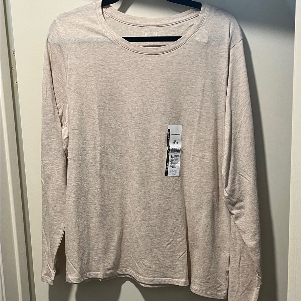 Time and Tru Light Beige/Oatmeal Relaxed Long Sleeve All Cotton Top